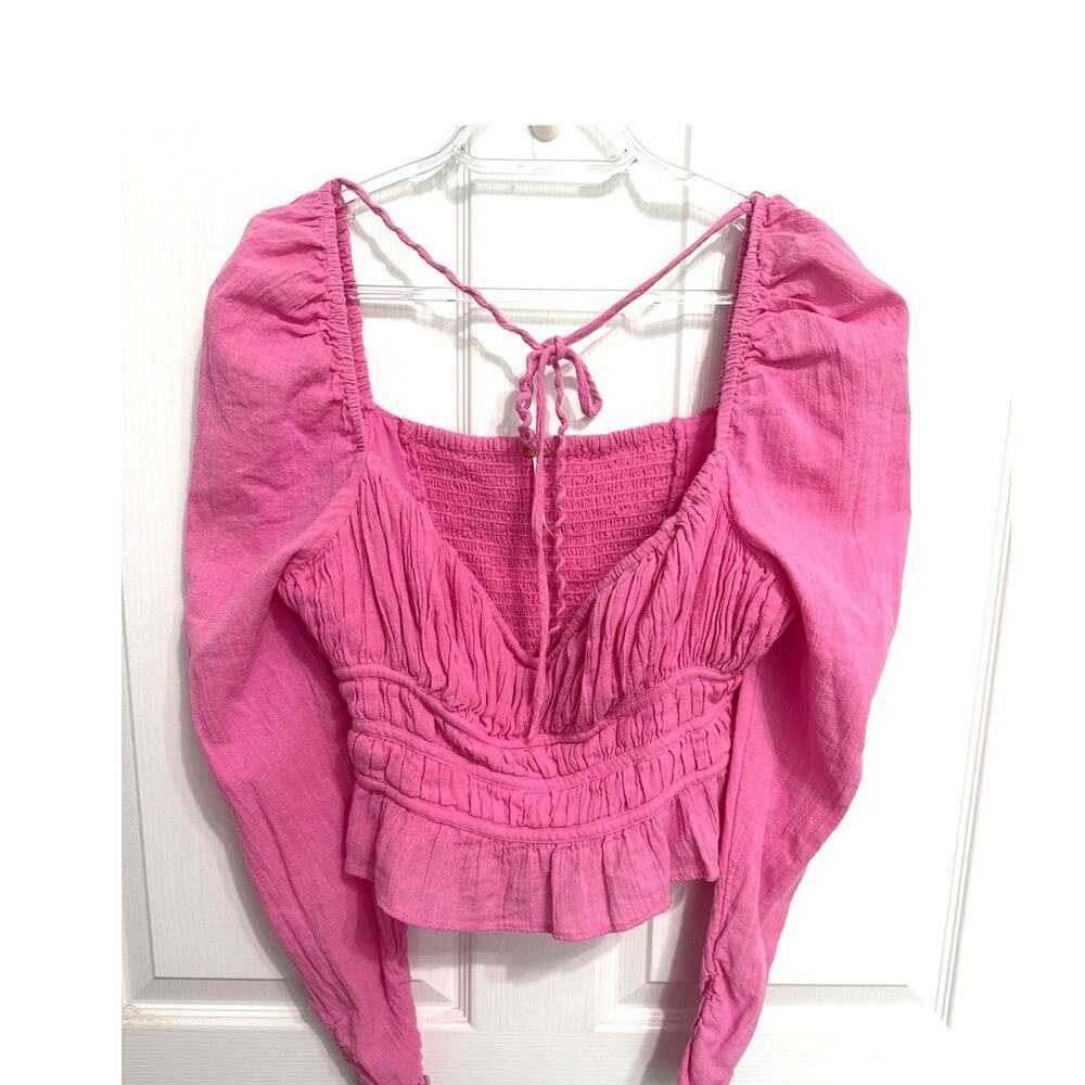 Free People Chole Cropped Top Blouse Ruffle Puffed Sleeves Smocked Pink Medium - Picture 2 of 10
